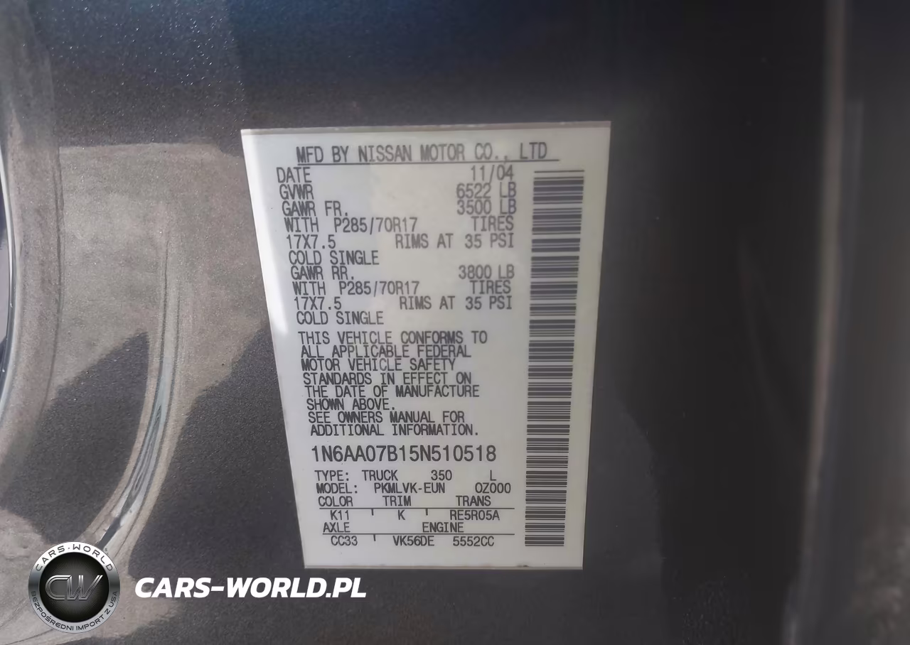 2005 Nissan Titan Le VIN:1N6AA07B15N510518 - 9