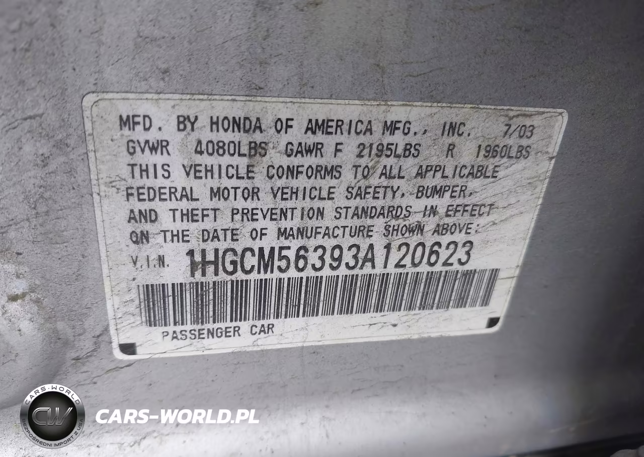 2003 Honda Accord 2.4 Lx VIN:1HGCM56393A120623 - 9