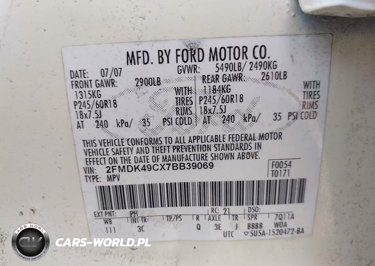 2007 Ford Edge Sel Plus VIN:2FMDK49CX7BB39069 - 9