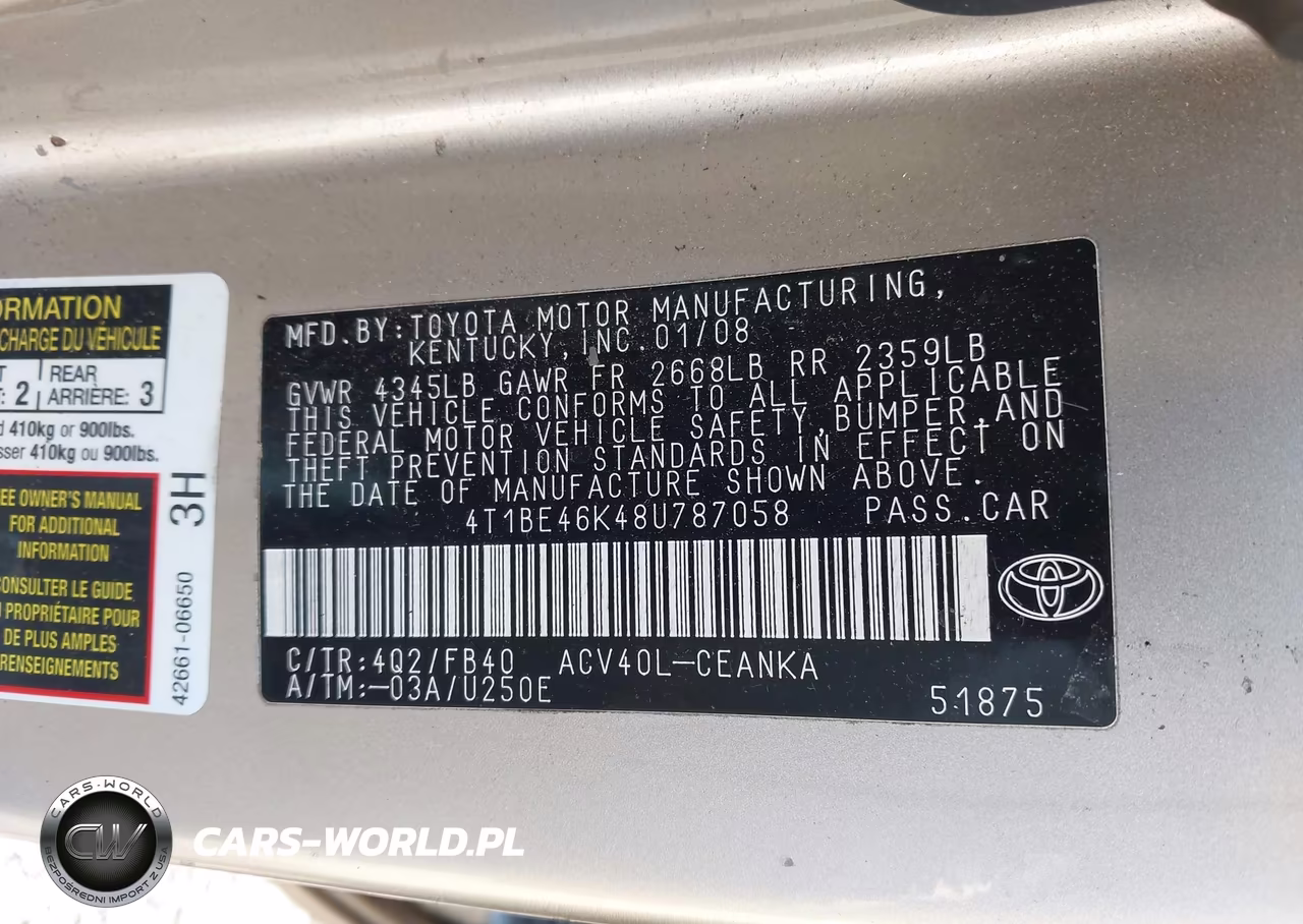 2008 Toyota Camry Le VIN:4T1BE46K48U787058 - 9