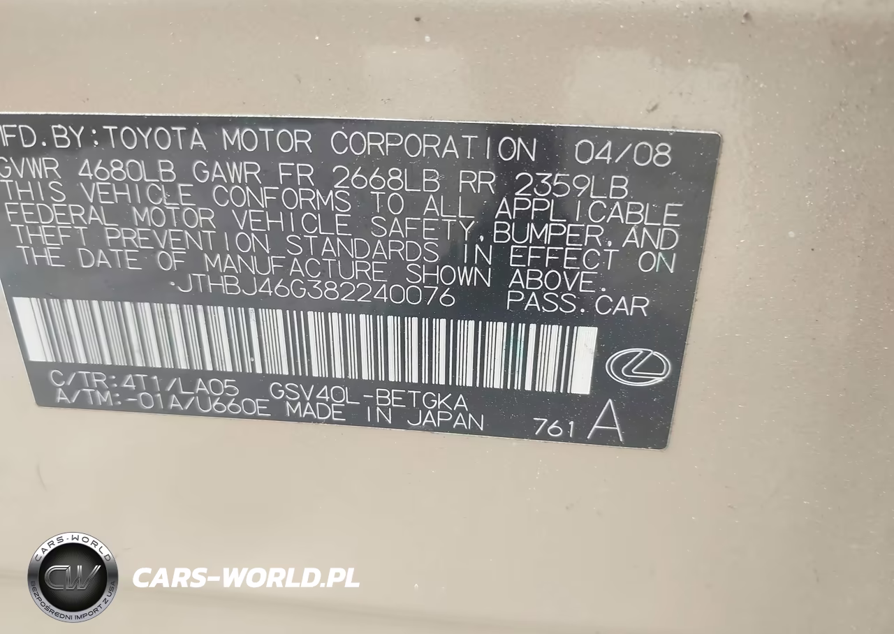 2008 Lexus Es 350 VIN:JTHBJ46G382240076 - 9