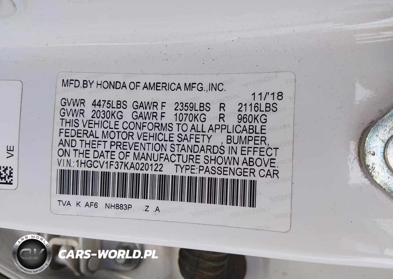 2019 Honda Accord Sport VIN:1HGCV1F37KA020122 - 9