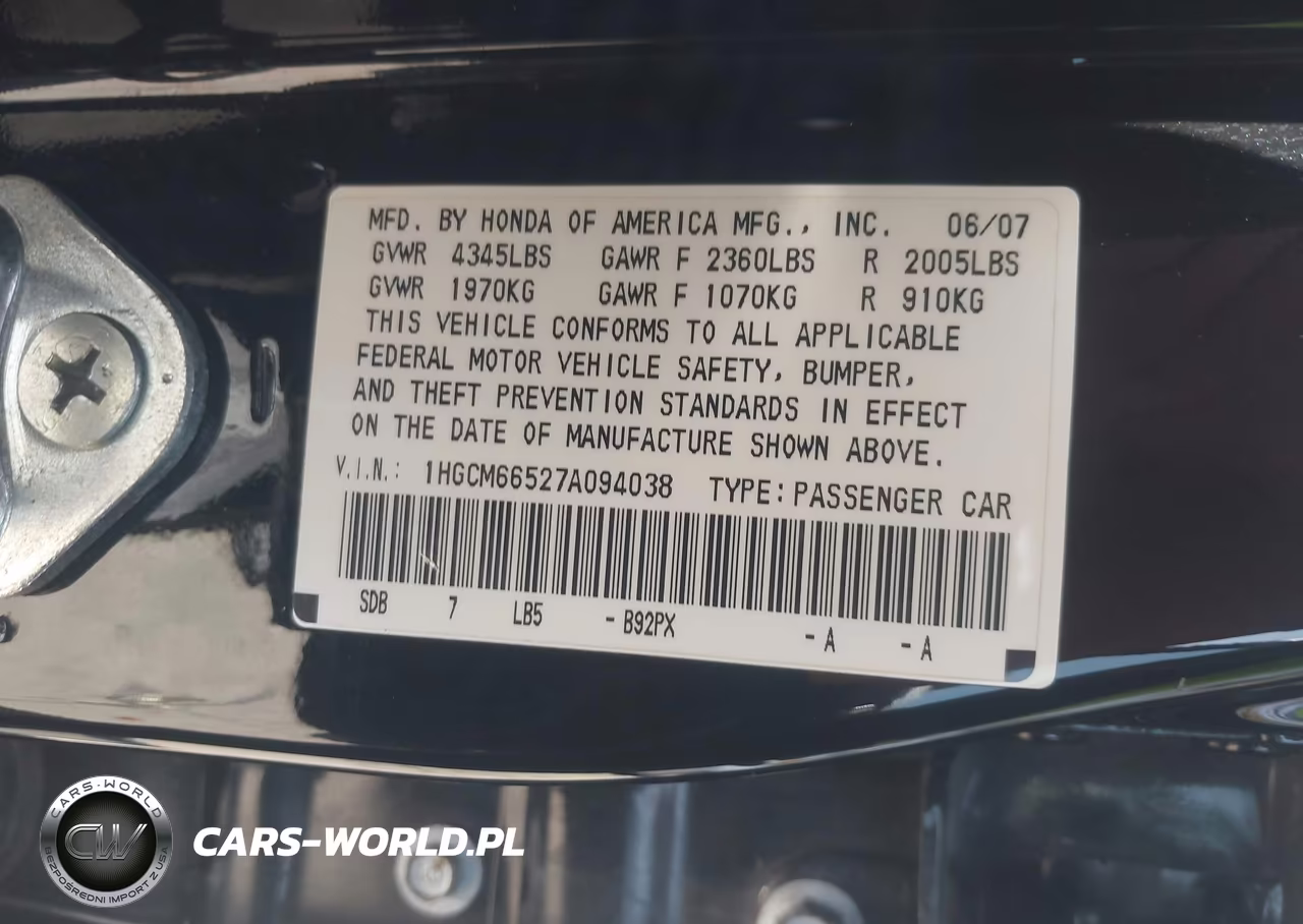 2007 Honda Accord 3.0 Ex VIN:1HGCM66527A094038 - 9