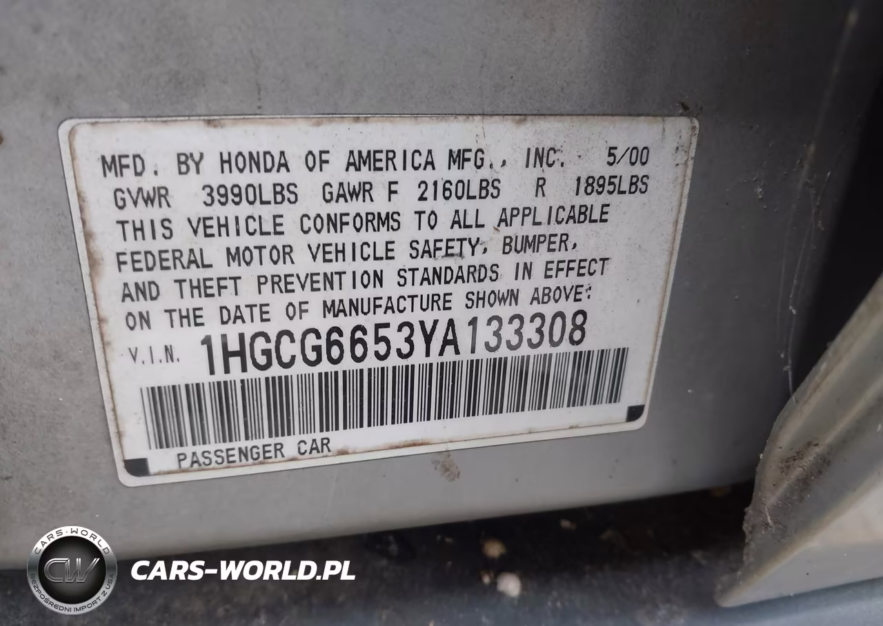 2000 Honda Accord 2.3 Lx VIN:1HGCG6653YA133308 - 9