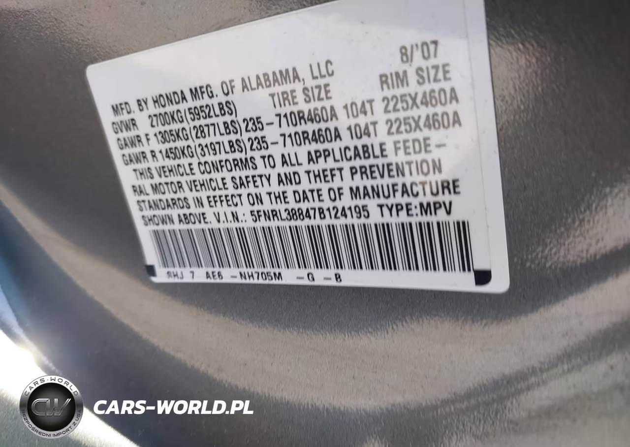 2007 Honda Odyssey Touring VIN:5FNRL38847B124195 - 9