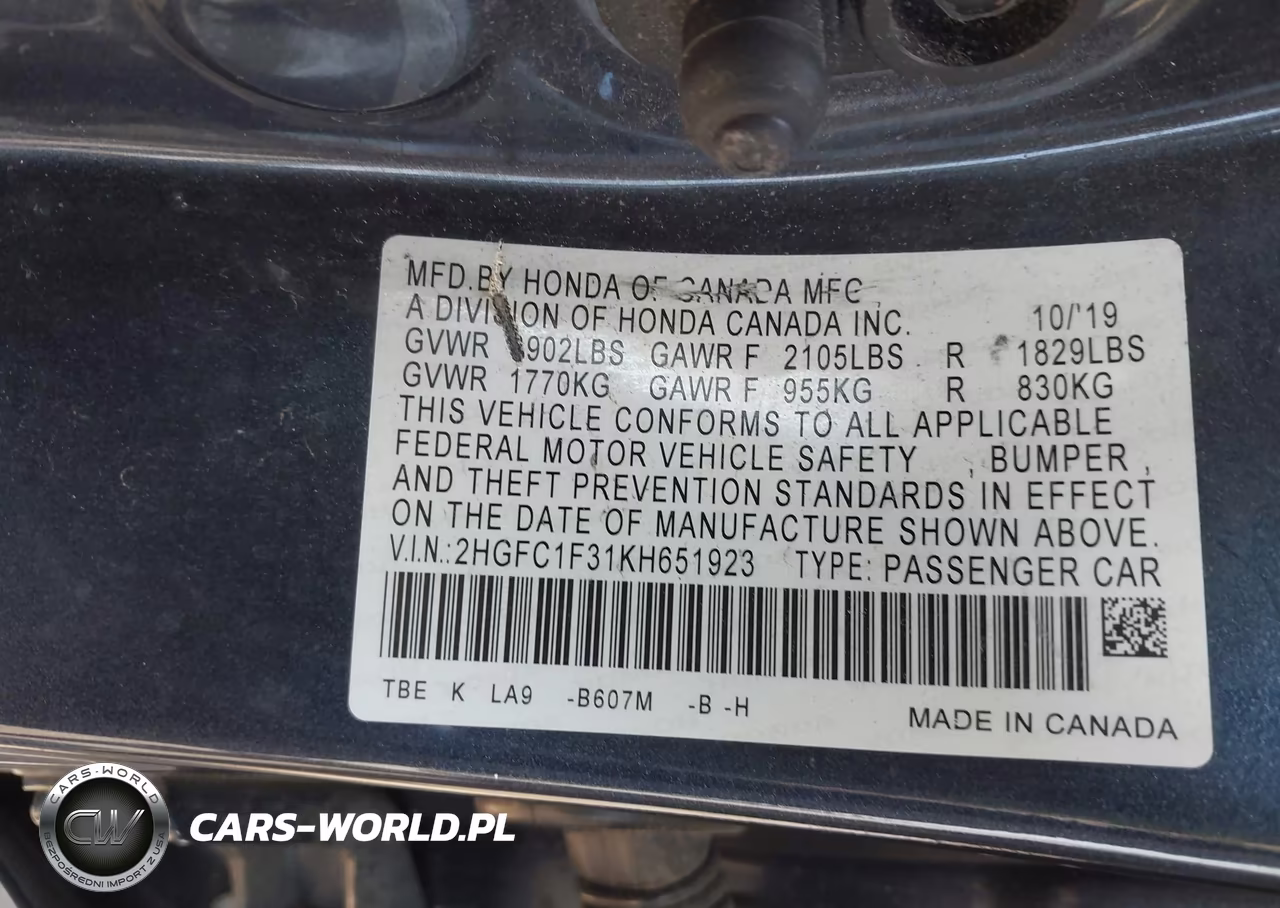 2019 Honda Civic Ex VIN:2HGFC1F31KH651923 - 9