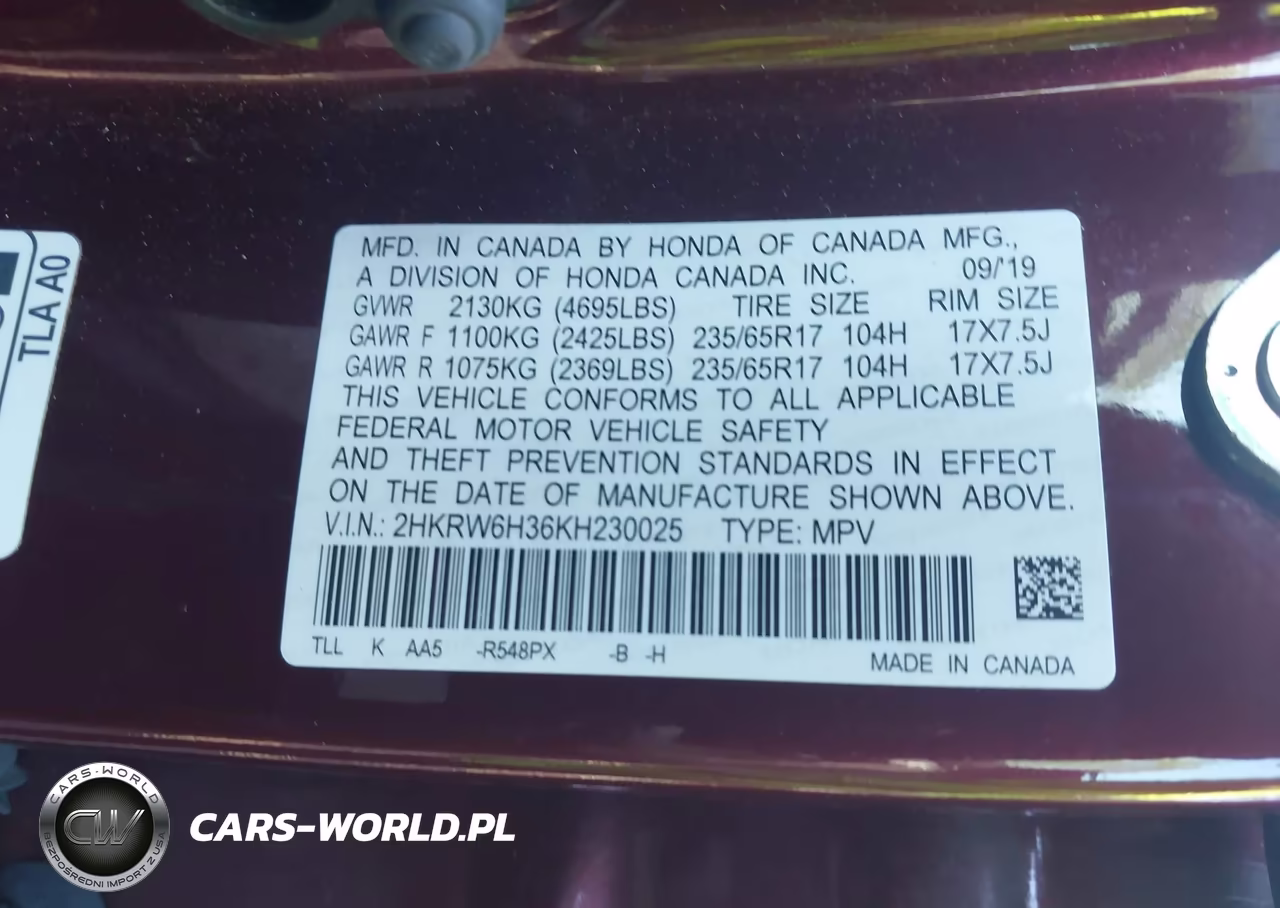 2019 Honda Cr-V Lx VIN:2HKRW6H36KH230025 - 9