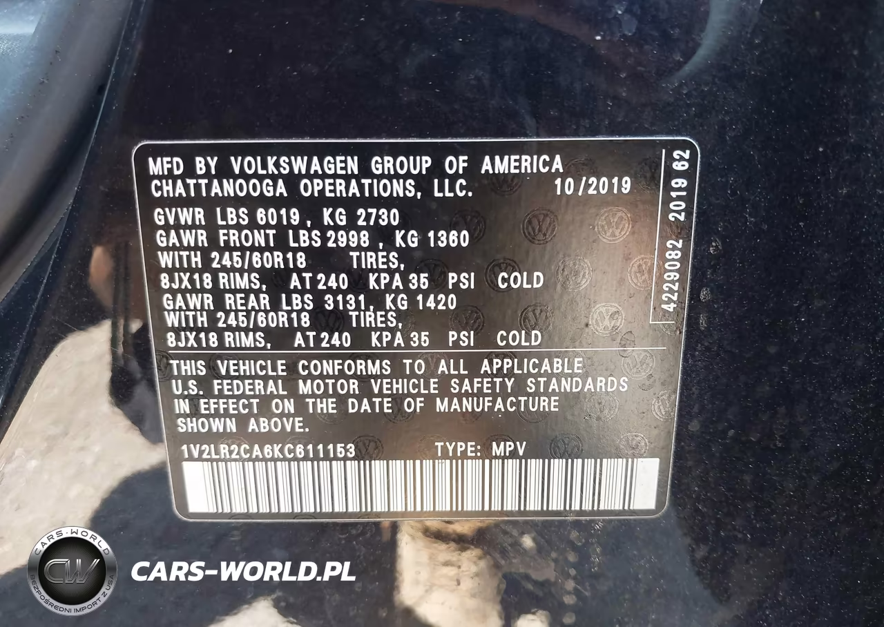 2019 Volkswagen Atlas 3.6L V6 Se VIN:1V2LR2CA6KC611153 - 9
