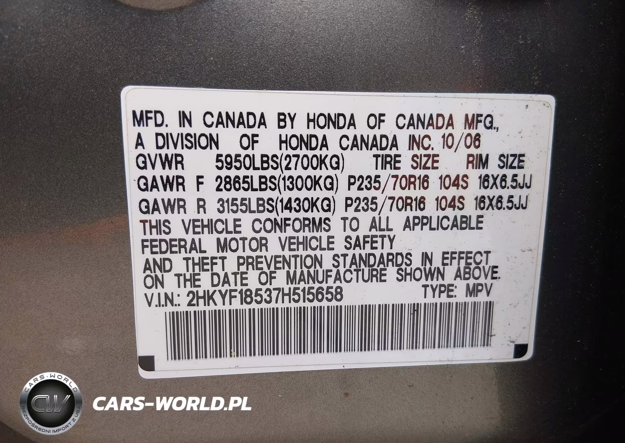 2007 Honda Pilot Ex-L VIN:2HKYF18537H515658 - 9