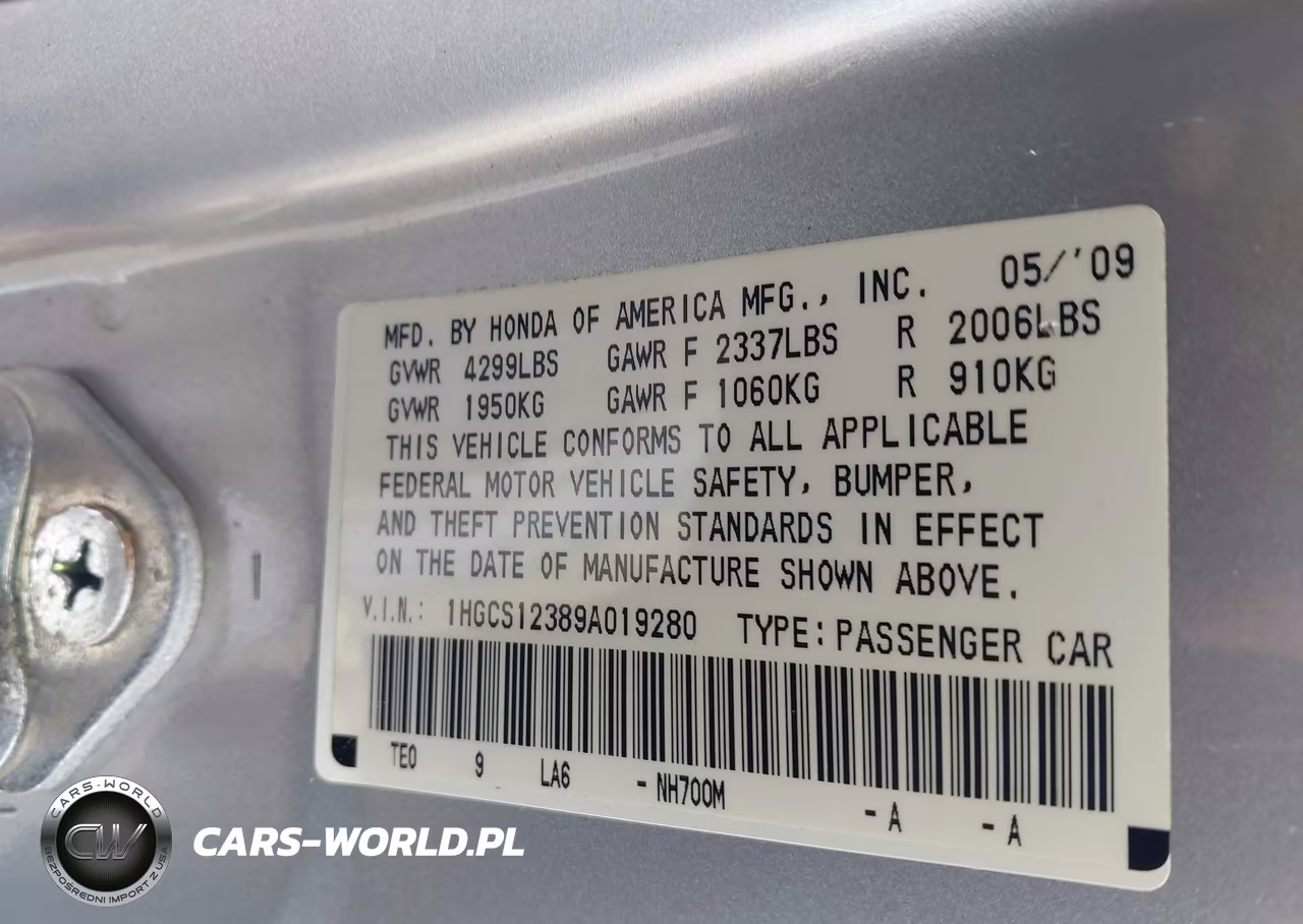 2009 Honda Accord 2.4 Lx-S VIN:1HGCS12389A019280 - 9