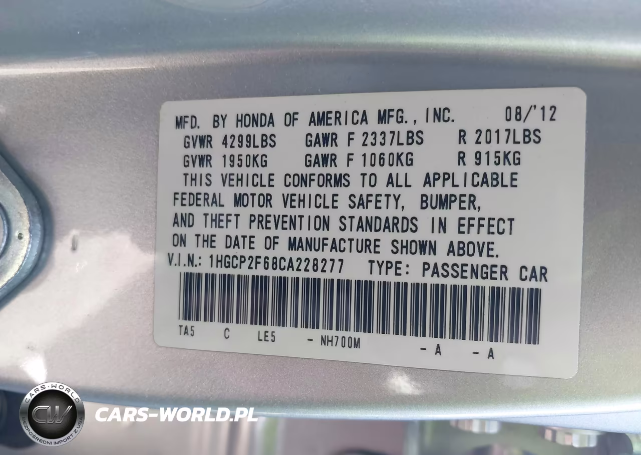 2012 Honda Accord Se VIN:1HGCP2F68CA228277 - 9