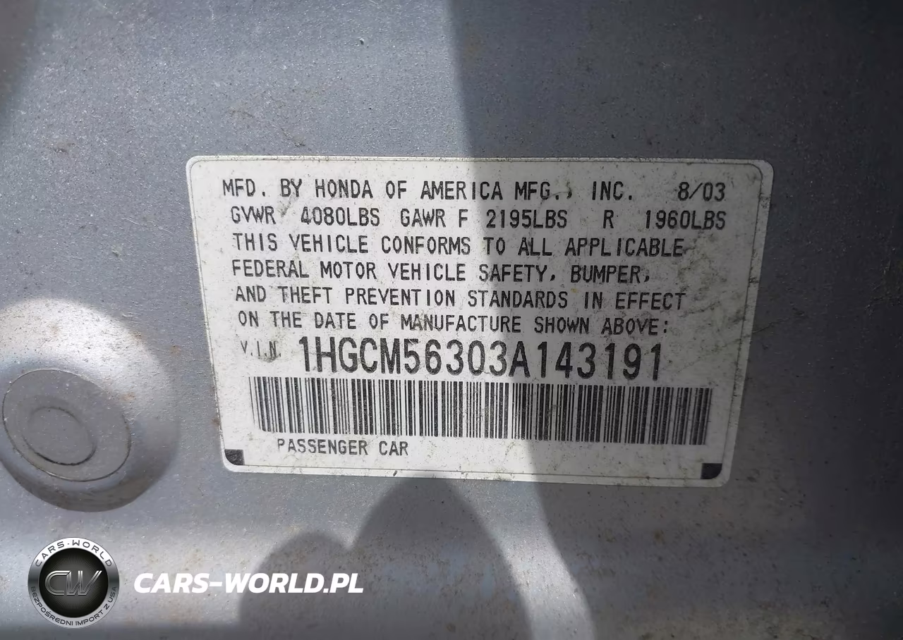 2003 Honda Accord 2.4 Lx VIN:1HGCM56303A143191 - 9