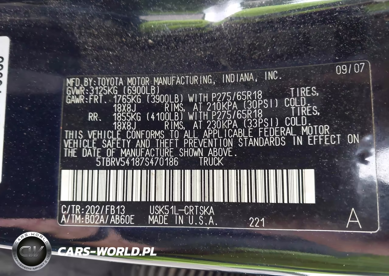2007 Toyota Tundra Sr5 V8 VIN:5TBRV54187S470186 - 9