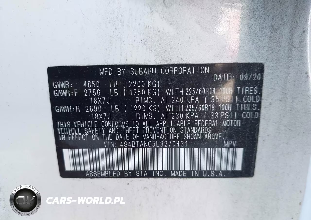 2020 Subaru Outback Limited VIN:4S4BTANC5L3270431 - 9