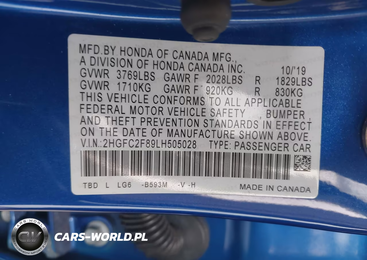 2020 Honda Civic Sport VIN:2HGFC2F89LH505028 - 9