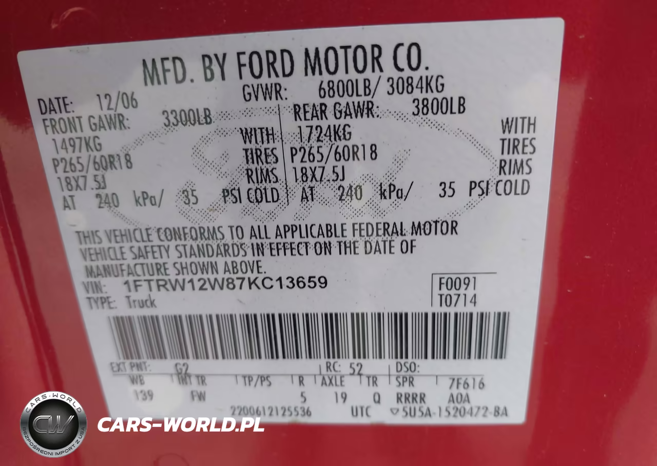 2007 Ford F-150 Xlt VIN:1FTRW12W87KC13659 - 9
