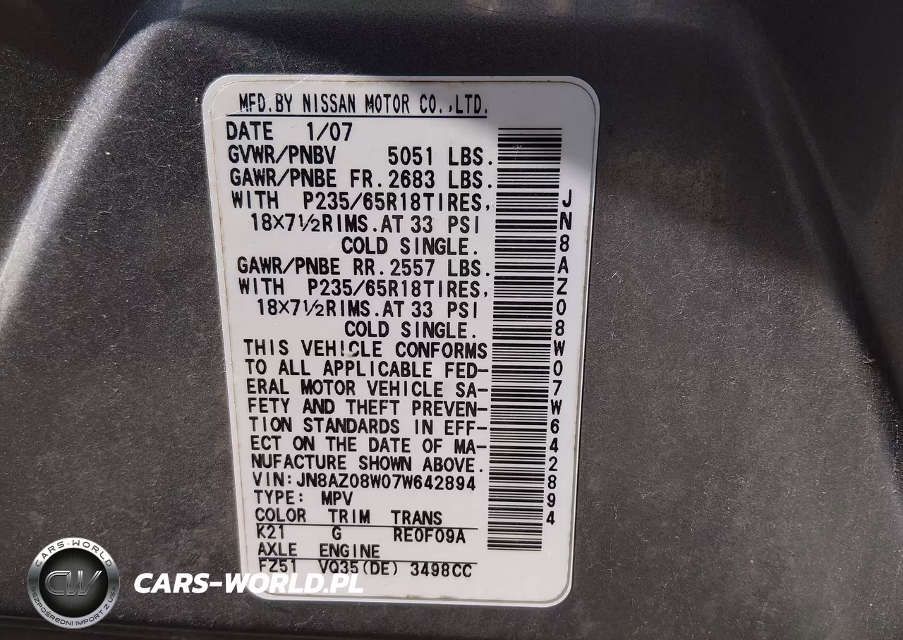 2007 Nissan Murano Sl VIN:JN8AZ08W07W642894 - 9