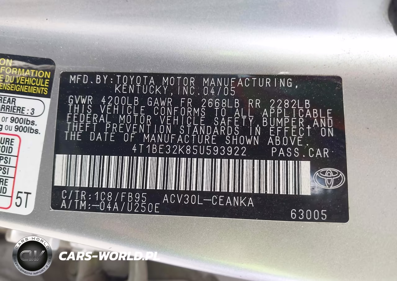 2005 Toyota Camry Std VIN:4T1BE32K85U593922 - 9