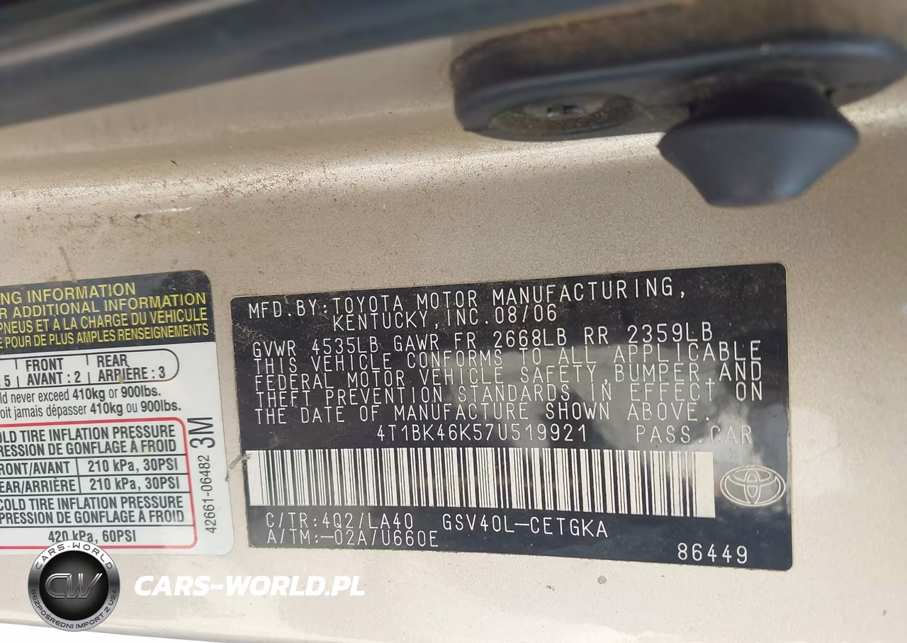 2007 Toyota Camry Xle V6 VIN:4T1BK46K57U519921 - 9