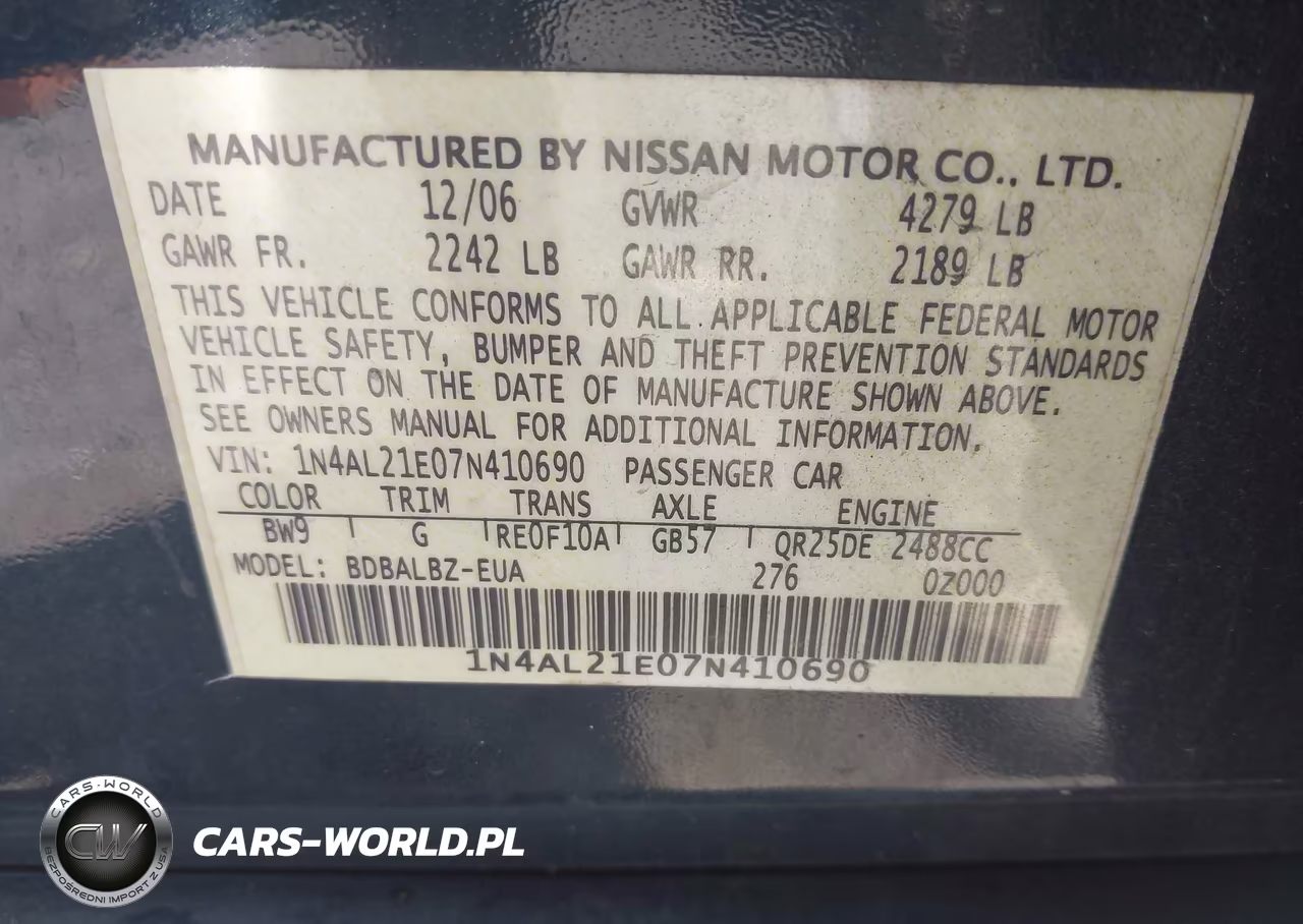 2007 Nissan Altima 2.5 S VIN:1N4AL21E07N410690 - 9