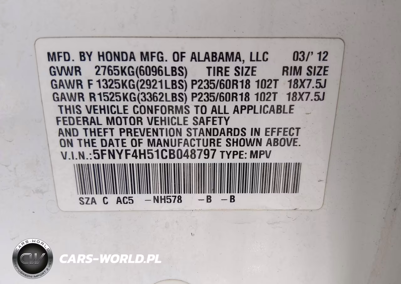2012 Honda Pilot Ex-L VIN:5FNYF4H51CB048797 - 9