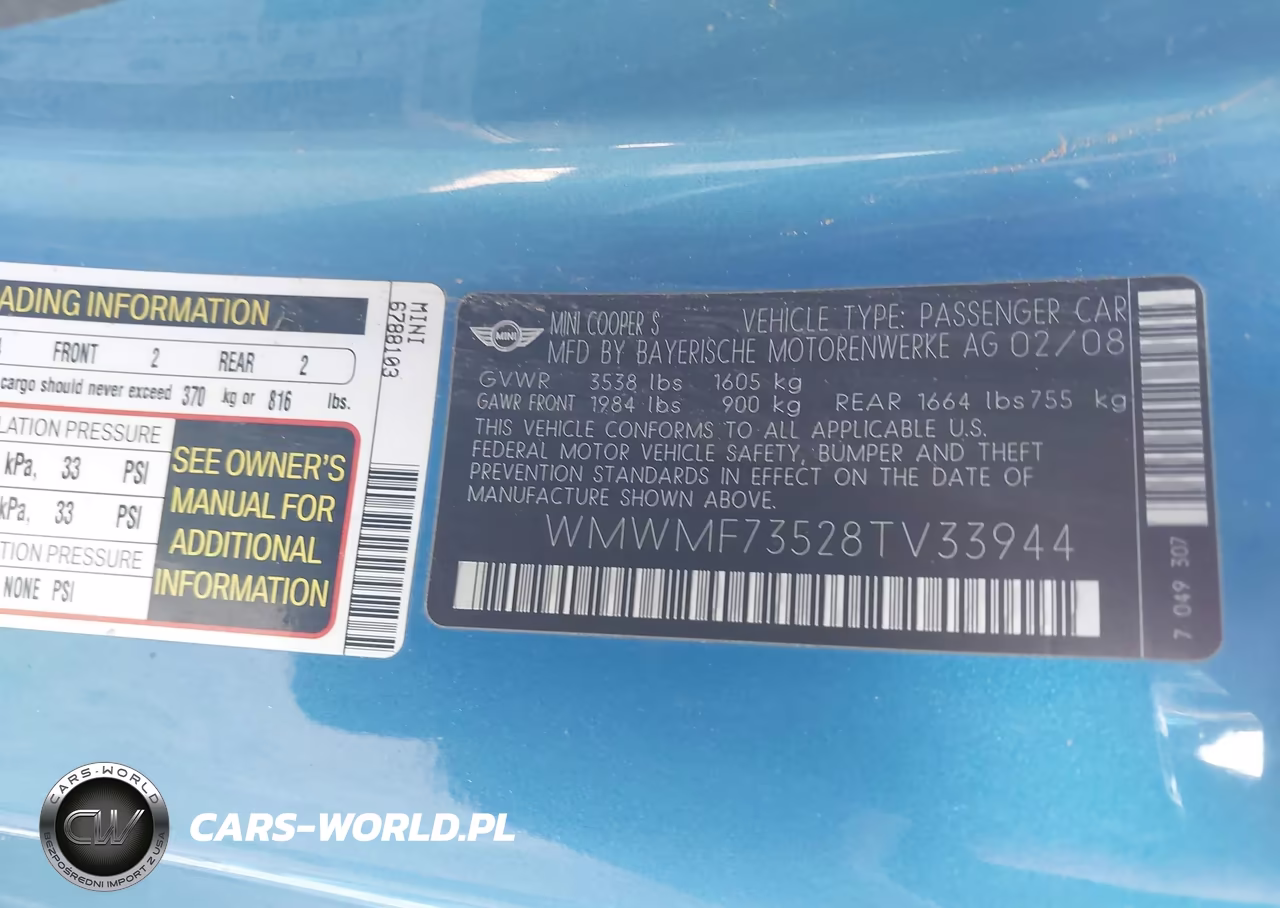 2008 Mini Cooper S VIN:WMWMF73528TV33944 - 9