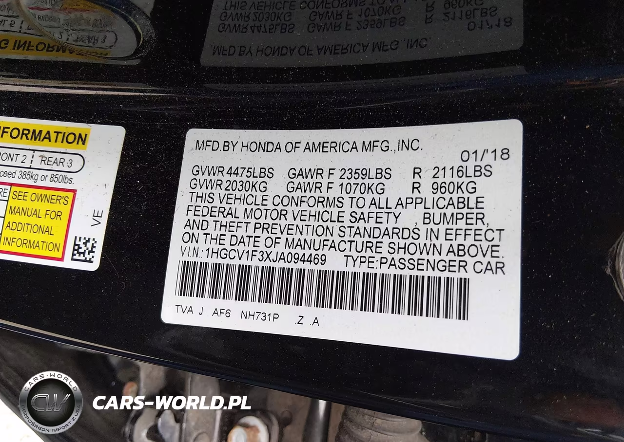 2018 Honda Accord Sport VIN:1HGCV1F3XJA094469 - 9