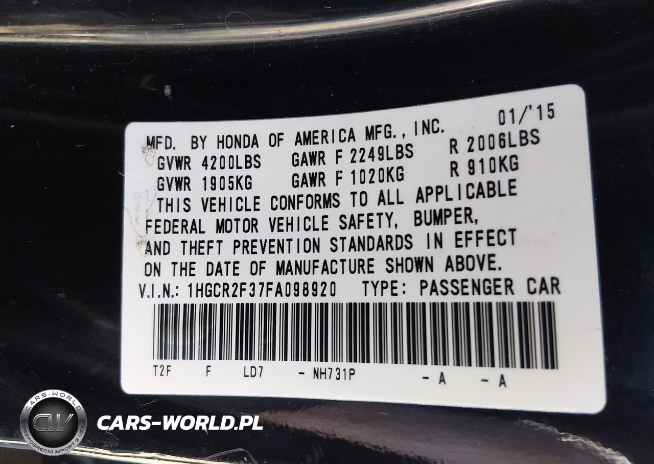 2015 Honda Accord Lx VIN:1HGCR2F37FA098920 - 9