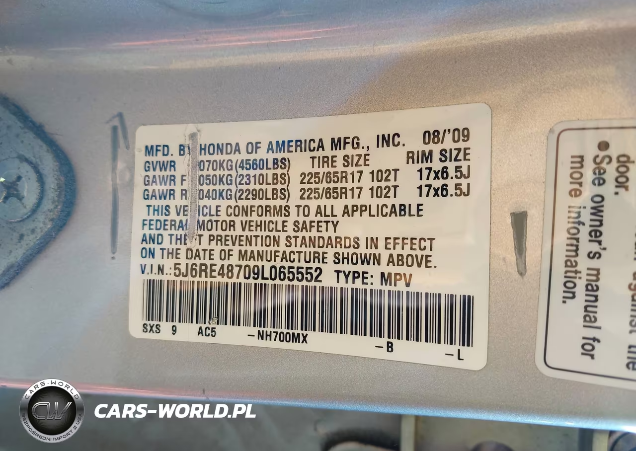 2009 Honda Cr-V Ex-L VIN:5J6RE48709L065552 - 9