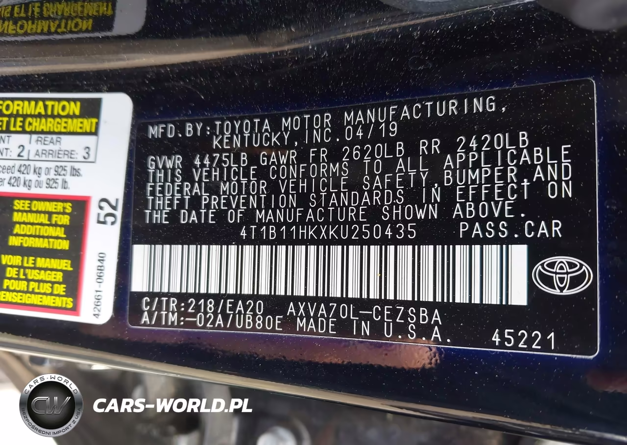 2019 Toyota Camry Se VIN:4T1B11HKXKU250435 - 9