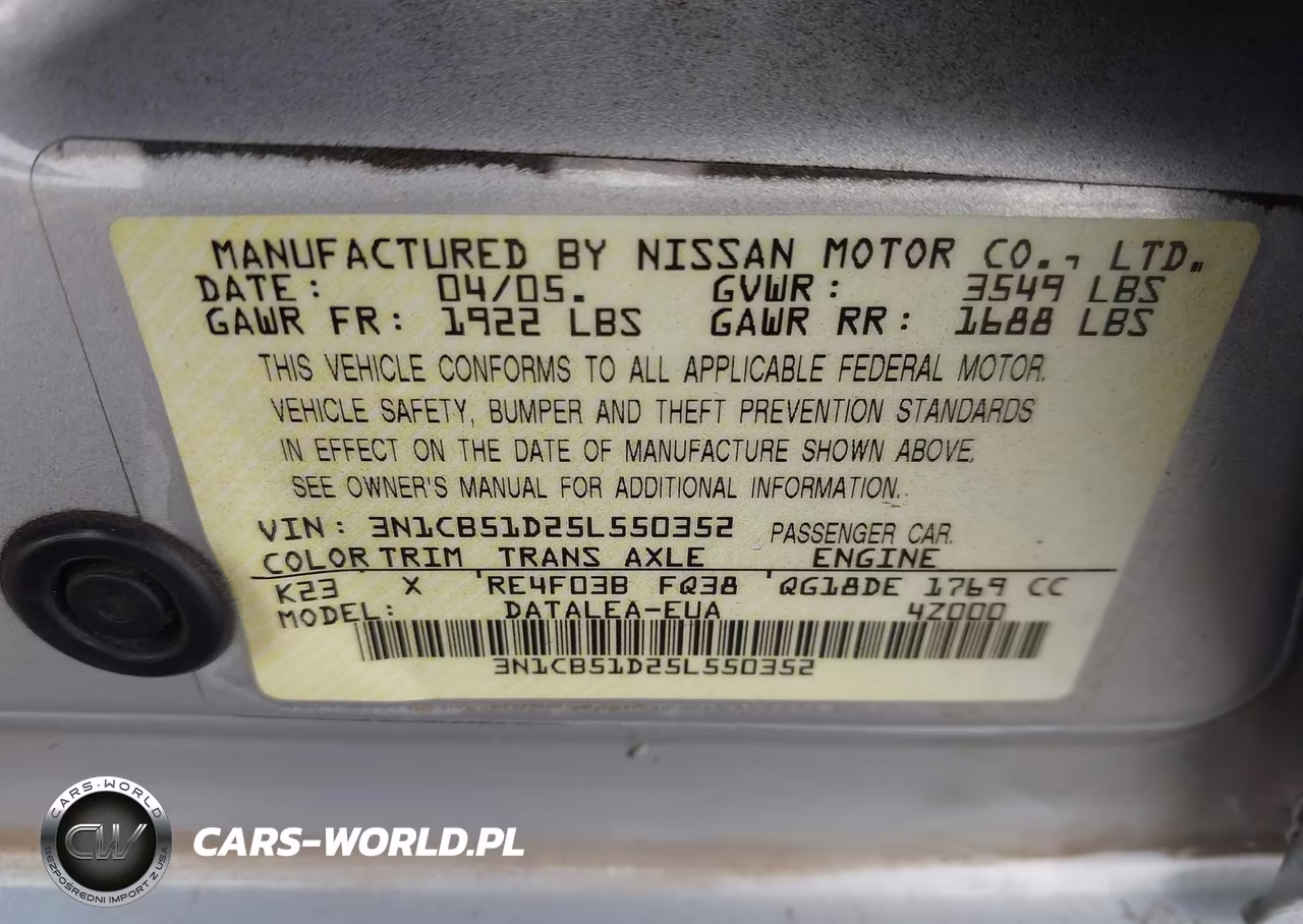 2005 Nissan Sentra 1.8S VIN:3N1CB51D25L550352 - 9