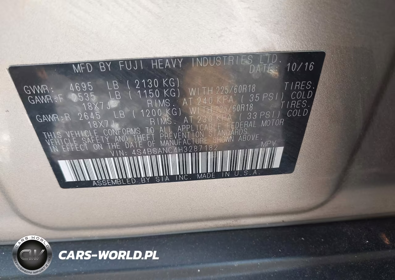 SUBARU OUTBACK 2. VIN:4S4BSANC4H3287182 - 9