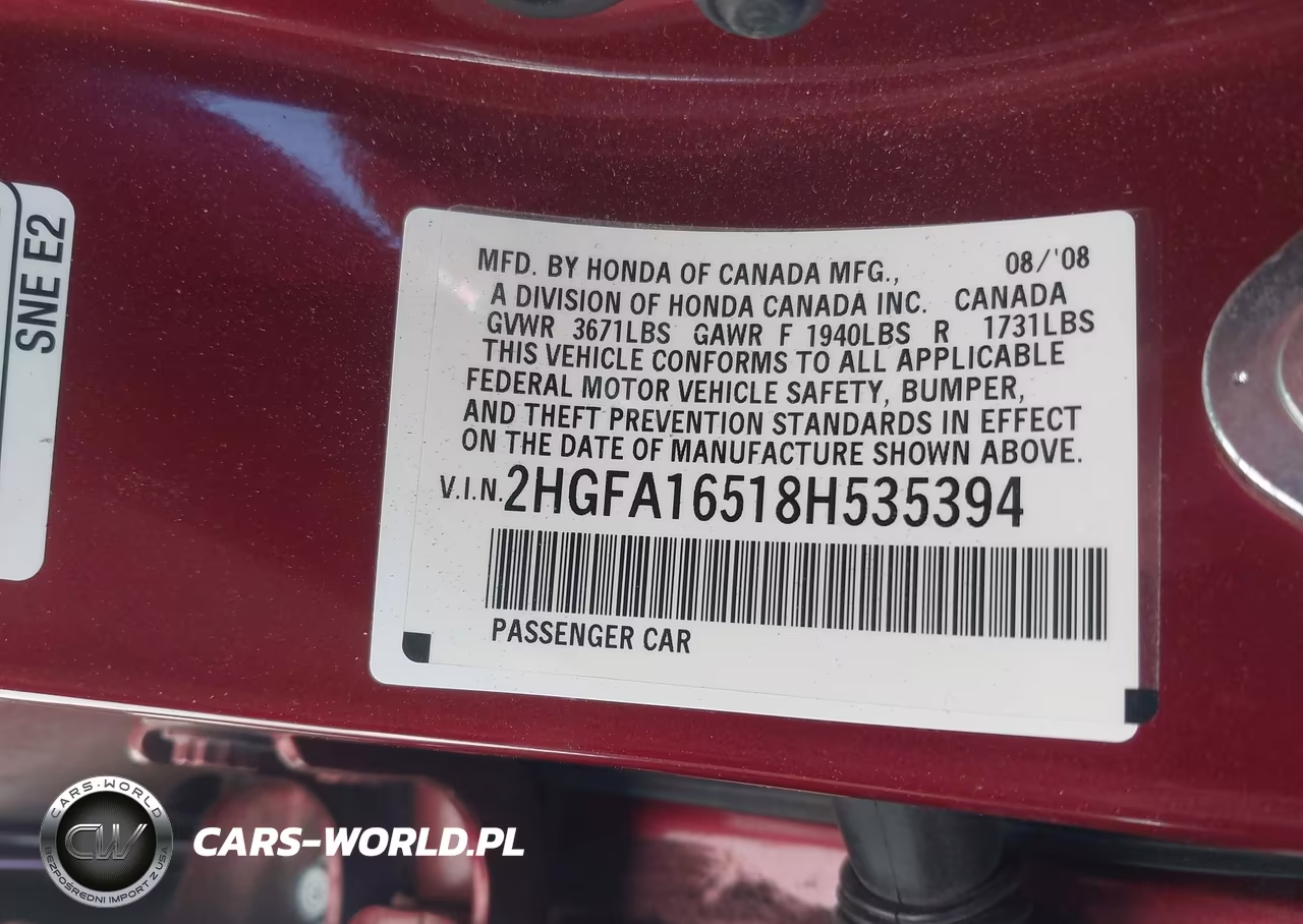 2008 Honda Civic Lx VIN:2HGFA16518H535394 - 9