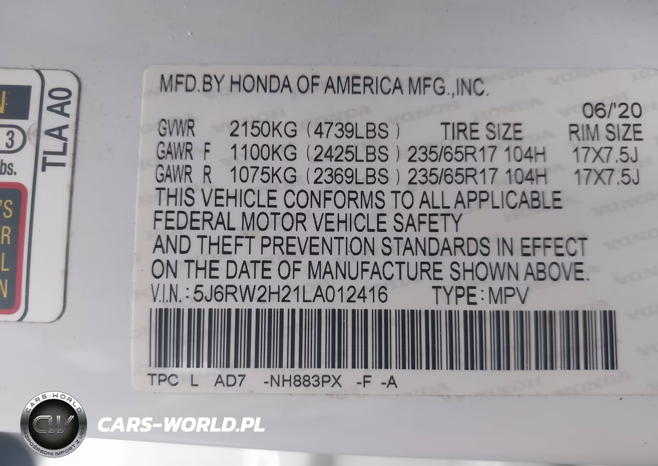 2020 Honda Cr-V Awd Lx VIN:5J6RW2H21LA012416 - 9