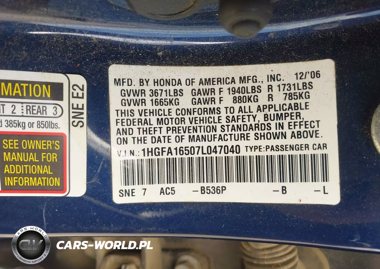 2007 Honda Civic Lx VIN:1HGFA16507L047040 - 9