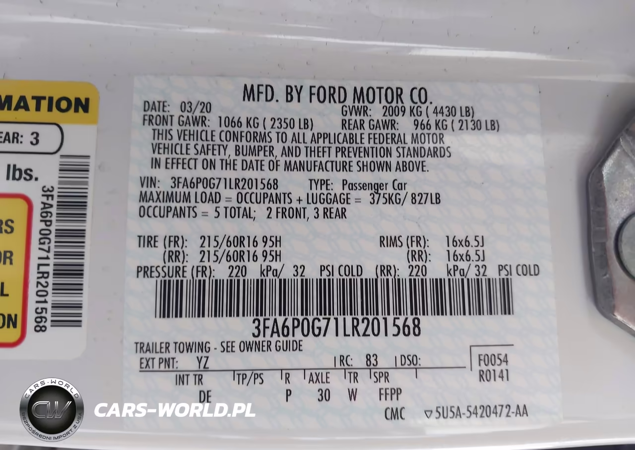 2020 Ford Fusion S VIN:3FA6P0G71LR201568 - 9