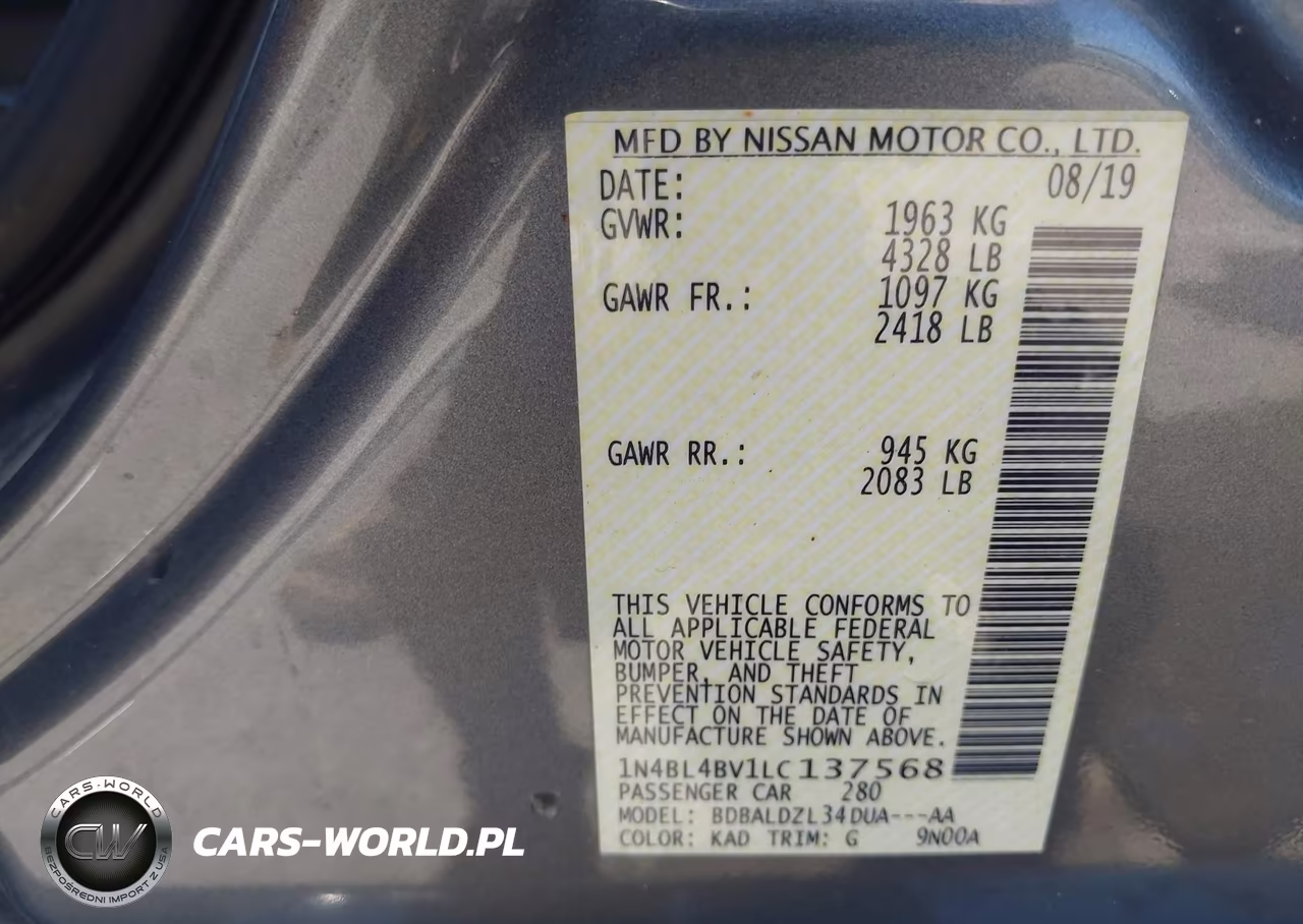 2020 Nissan Altima S Fwd VIN:1N4BL4BV1LC137568 - 9
