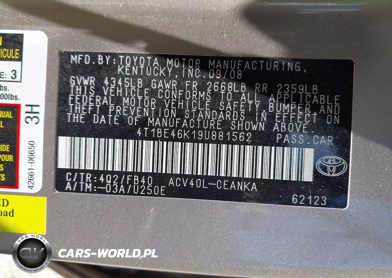 2009 Toyota Camry VIN:4T1BE46K19U881562 - 9