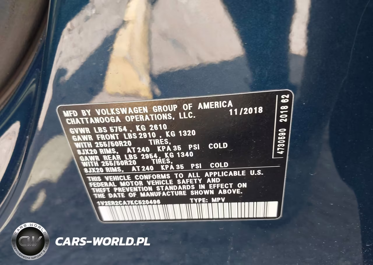2019 Volkswagen Atlas 3.6L V6 Sel VIN:1V2ER2CA7KC520496 - 9
