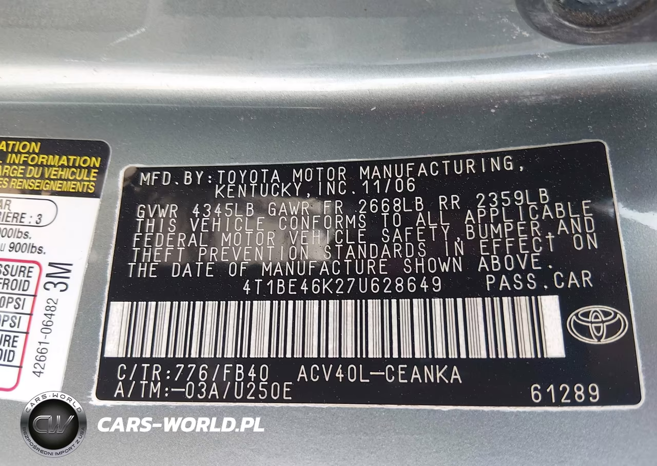 2007 Toyota Camry Le VIN:4T1BE46K27U628649 - 9