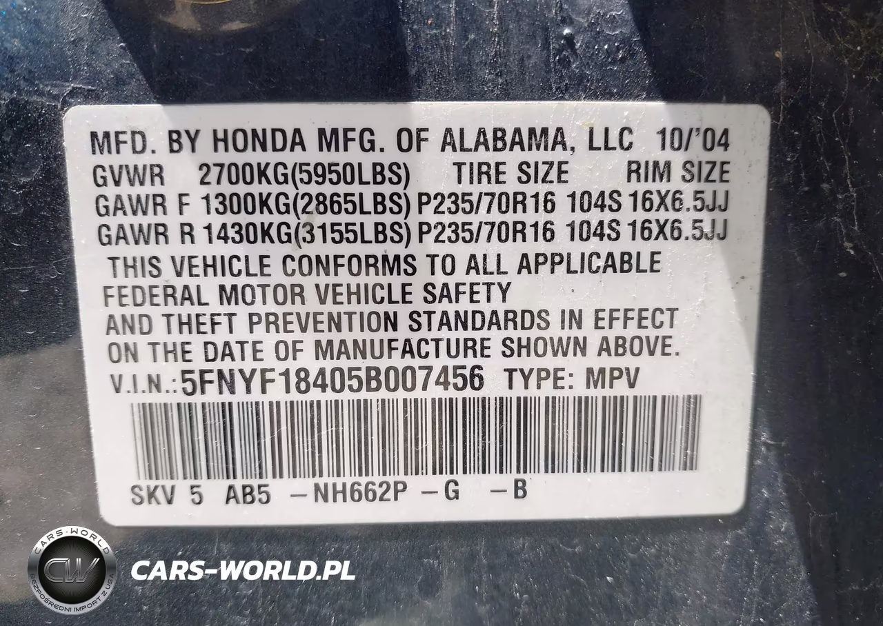 2005 Honda Pilot Ex VIN:5FNYF18405B007456 - 9