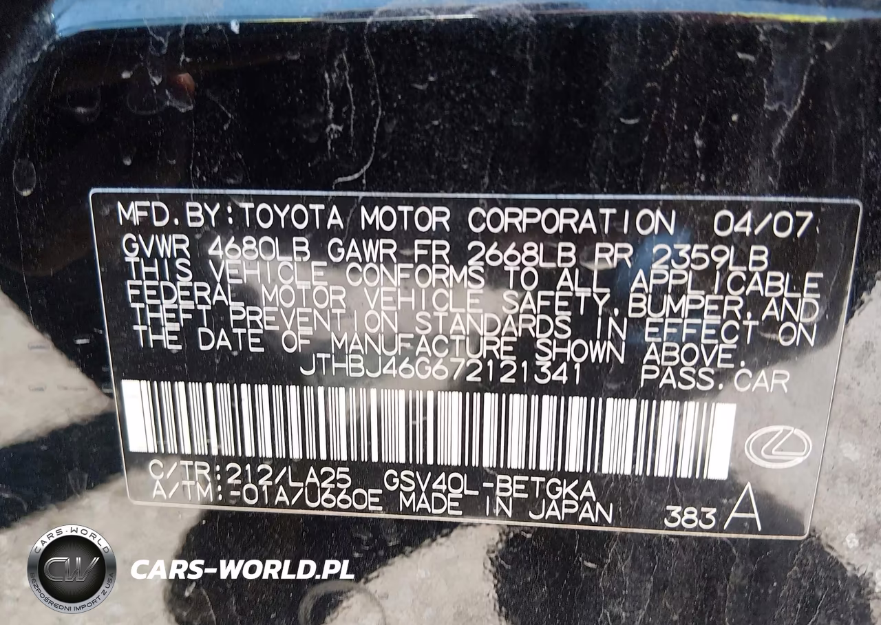 2007 Lexus Es 350 VIN:JTHBJ46G672121341 - 9