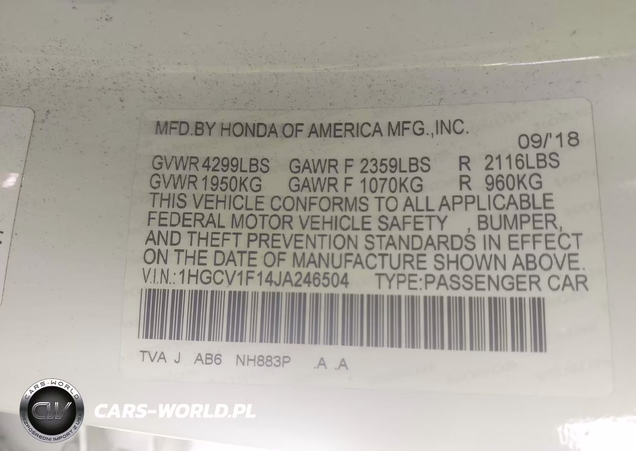 2018 Honda Accord Lx VIN:1HGCV1F14JA246504 - 9