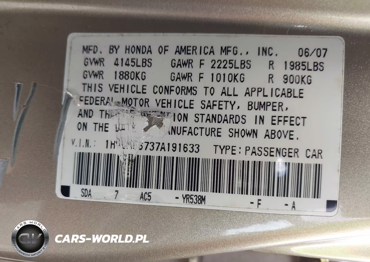 2007 Honda Accord 2.4 Ex VIN:1HGCM56737A191633 - 9