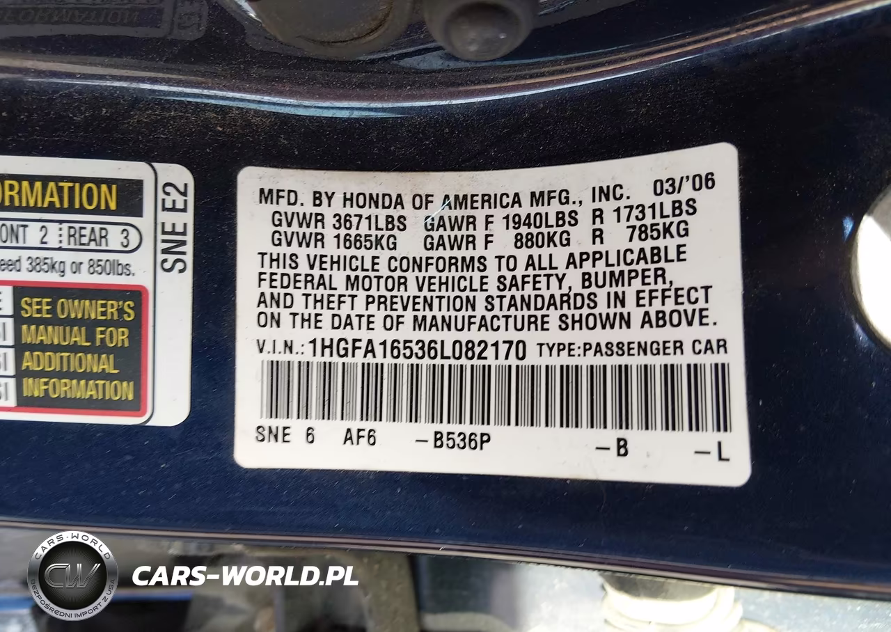 2006 Honda Civic Lx VIN:1HGFA16536L082170 - 8