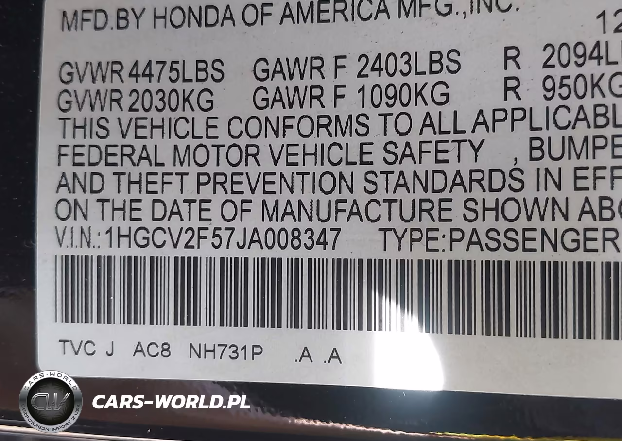 2018 Honda Accord Ex-L 2.0T VIN:1HGCV2F57JA008347 - 9