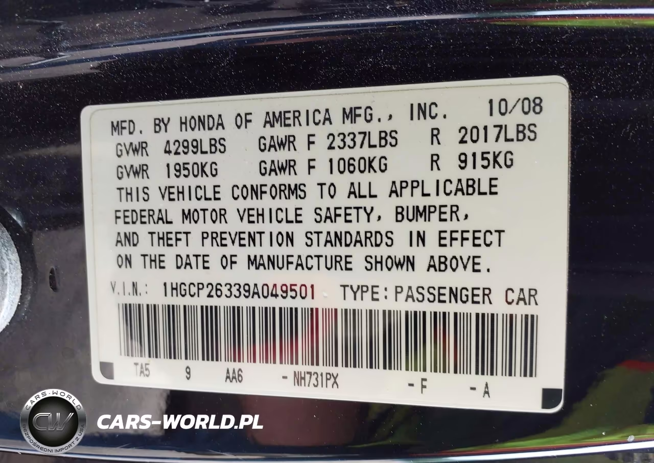 2009 Honda Accord 2.4 Lx VIN:1HGCP26339A049501 - 9