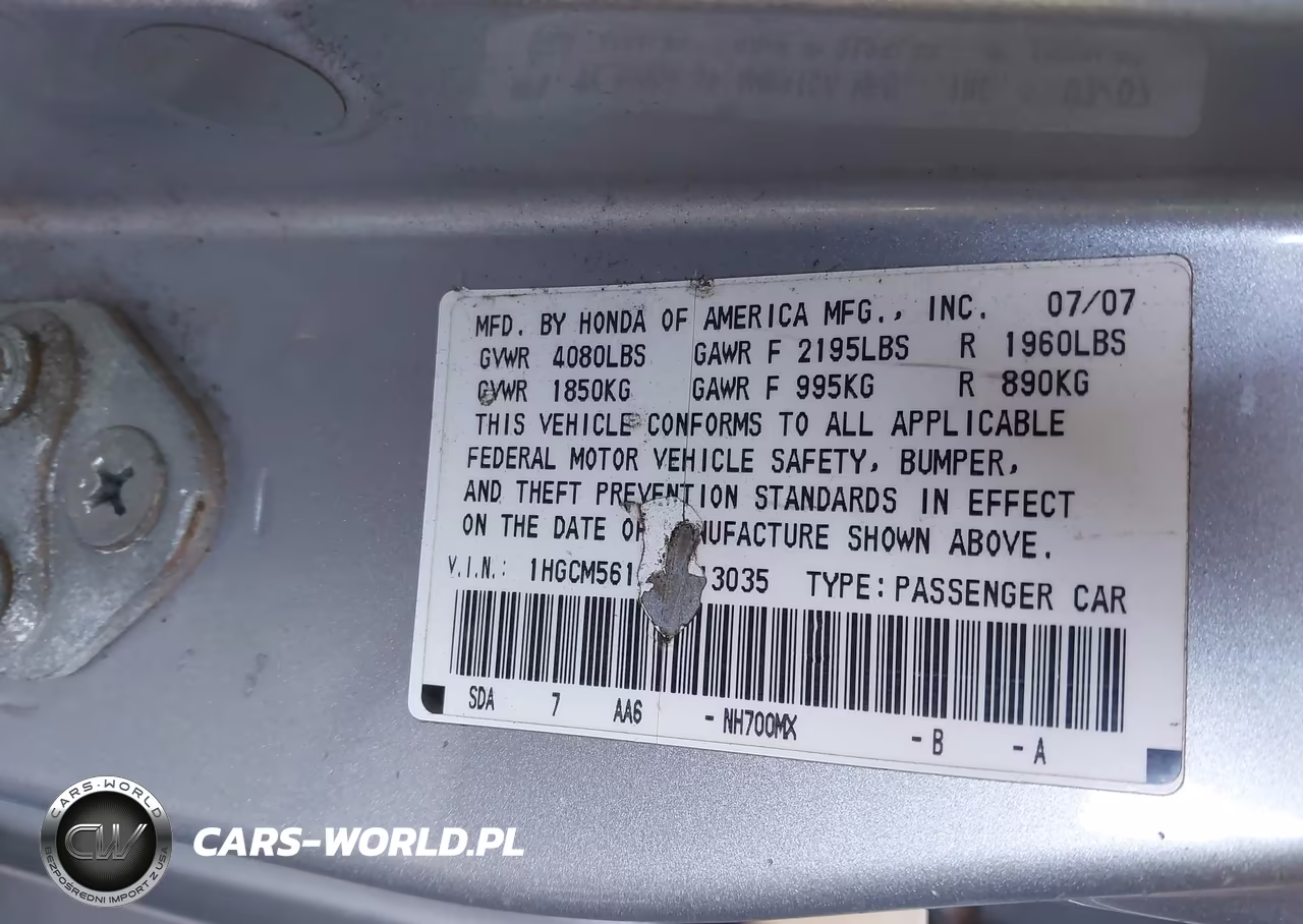 2007 Honda Accord 2.4 Vp VIN:1HGCM56127A213035 - 9