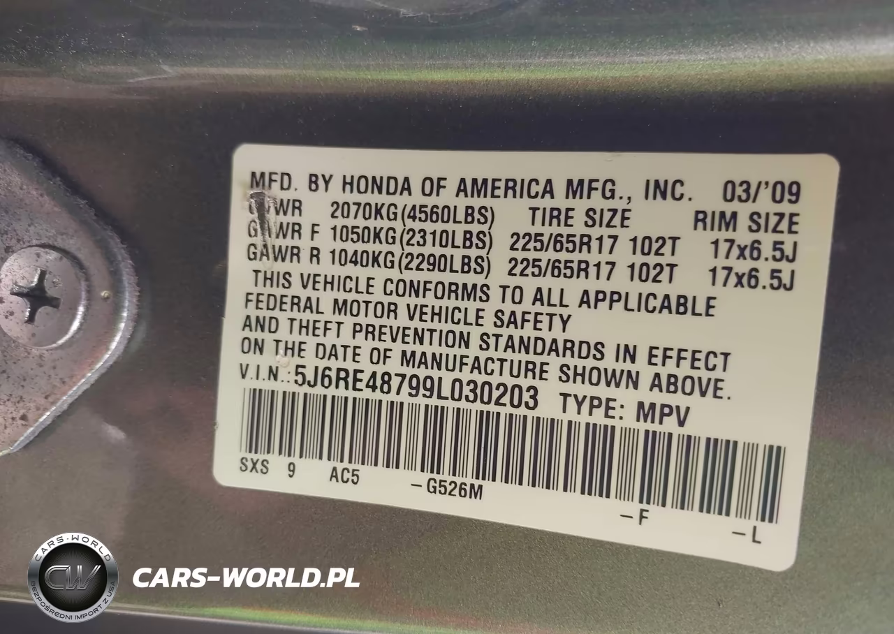 2009 Honda Cr-V Ex-L VIN:5J6RE48799L030203 - 9