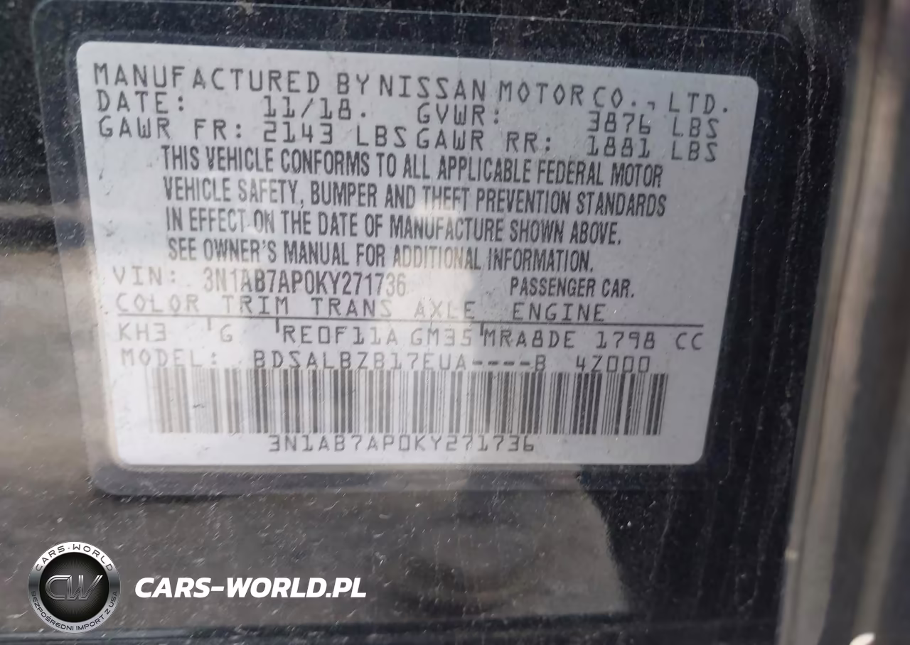 NISSAN SENTRA S VIN:3N1AB7AP0KY271736 - 9